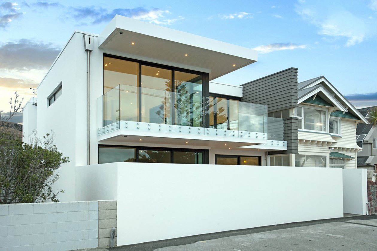 Exterior view of this award winning Sumner home that is a showcase of the quality of fit and finish achieved by professional tile installation contractors Terranova tiling, Christchurch.